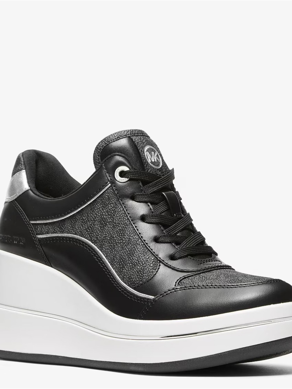 Michael Kors Size 8.5 Black and Silver Platform Wedge Sneaker New In Box